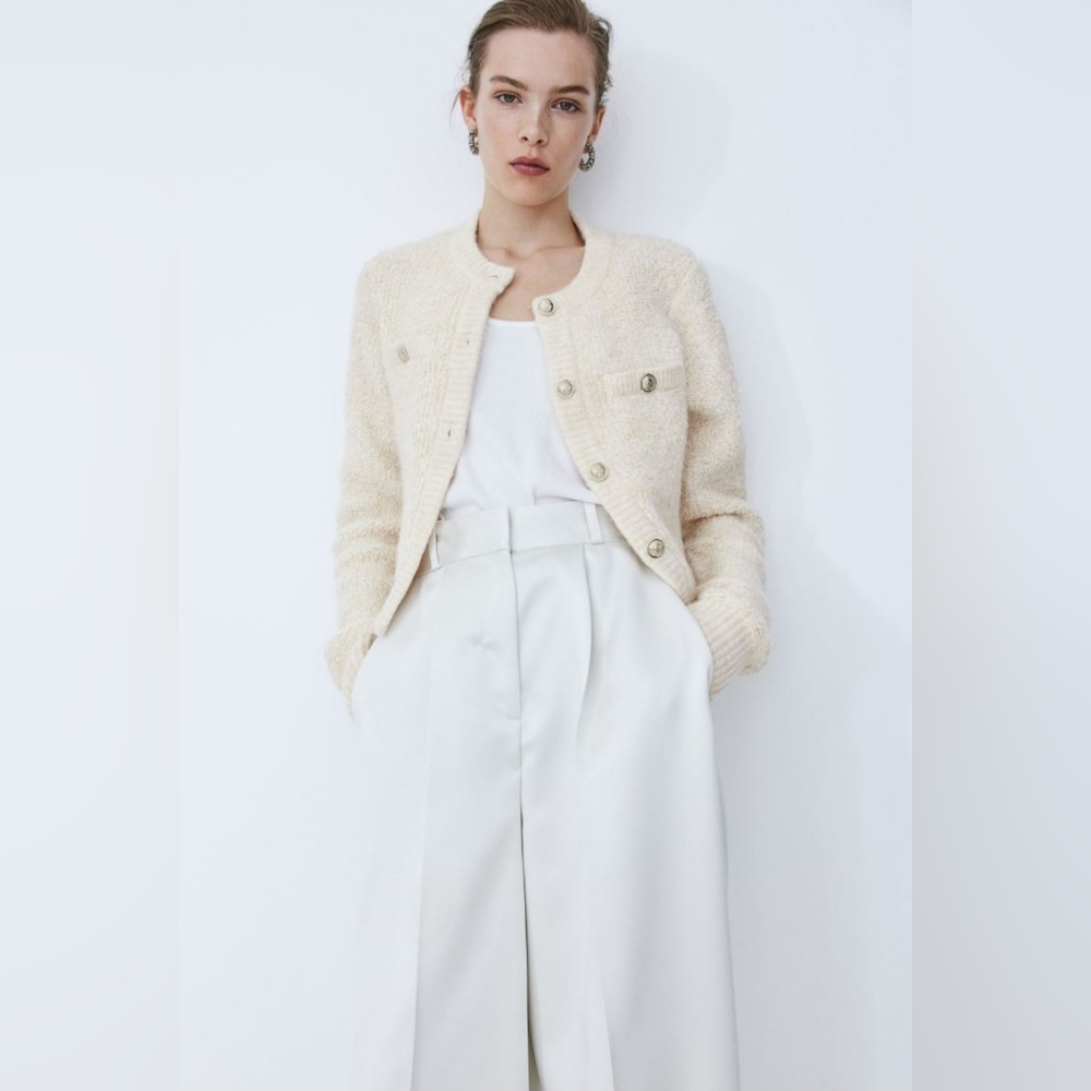 H&M Boucle Cardigan Ivory White Fluffy Gold Button S Small 1201804001